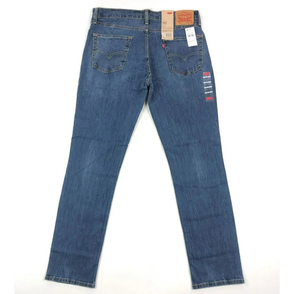 Levis 511 Slim Fit Tapered Leg Mens 36x34 Blue Jeans Distressed Denim Red Tab - Picture 8 of 12